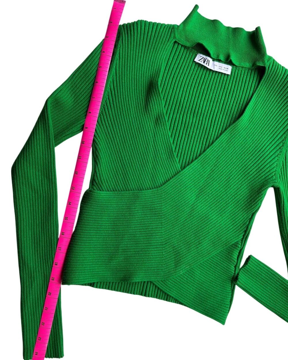 Zara Womens L Green Ribbed Cutout Crop Sweater Wrap Front Mock Neck Long Sleeve
